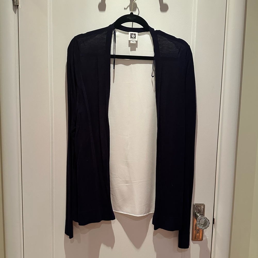 Anne Klein navy and white open cardigan.